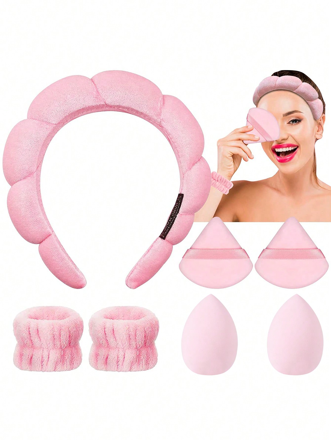 Skincare Pink - ชุดอุปกรณ์ดูแลผิวสปาสีชมพู 7 ชิ้น ประกอบด้วยที่คาดผมลายเมฆนุ่ม ผ้าขนหนูสำหรับข้อมือ ฟองน้ำแต่งหน้า