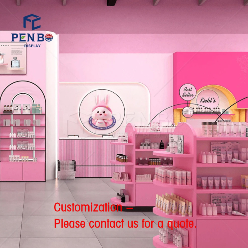Skincare Pink - ออกแบบตู้โชว์เครื่องสำอางสีชมพูน่ารักสำหรับร้านเสริมสวยขนาดใหญ่ ออกแบบตู้เชิงพาณิชย์สำหรับร้านเสริมสวย